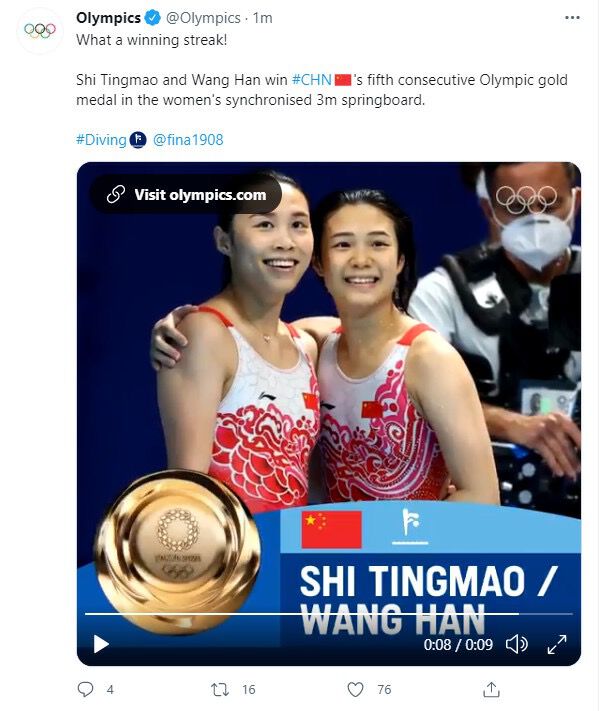 施廷懋和王涵获跳水女子双人3米板金牌