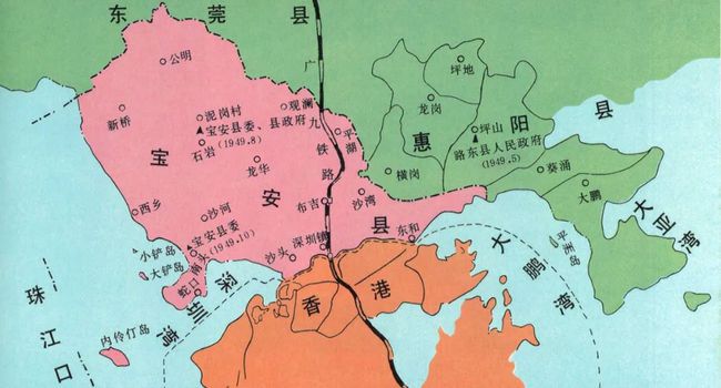 解放战争时期深圳地区示意图(此地图宝安和惠阳的县域划分不准确)